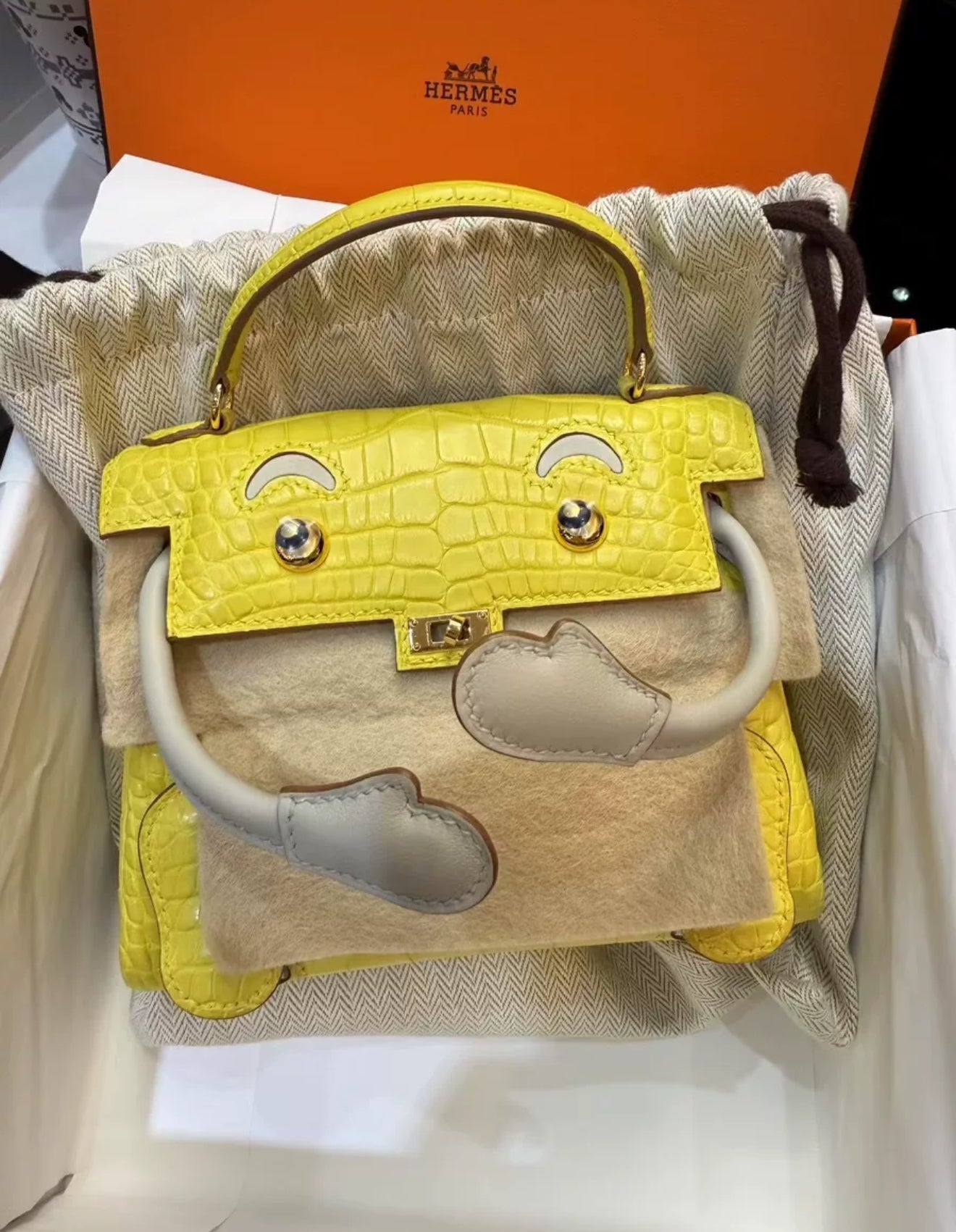 Hermès Kelly Doll Marigold Yellow Matte Alligator Pearl gray Swift leather Gold Hardware