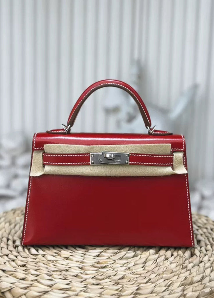 Rare Hermès Mini Kelly Ferrari red box leather with white stitching palladium hardware