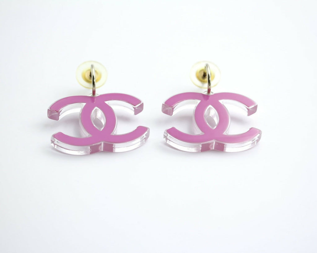 Chanel Vintage 07P Resin Pink and Clear Large CC Drop Hoop Earrings