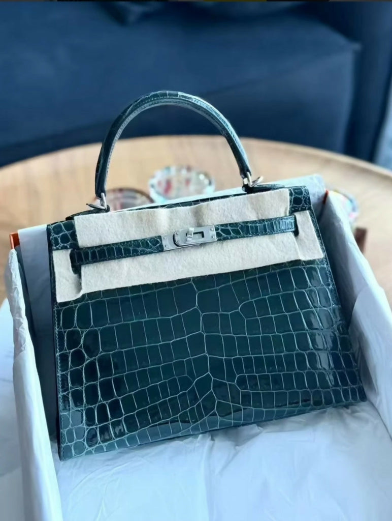 Hermes Kelly 25 vert cypress shiny crocodile leather Palladium hardware