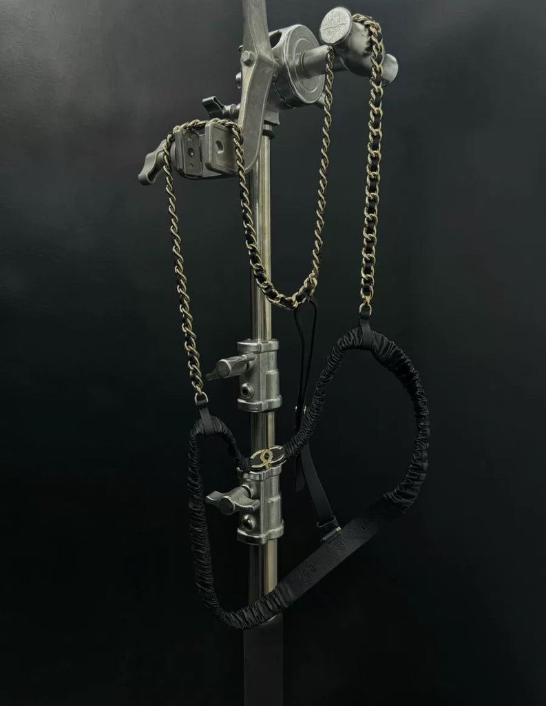 Chanel 22C Black Leather suspenders with Gold Hardware Chain
