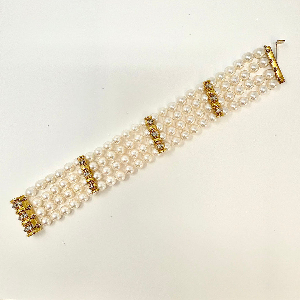 4 Strand Pearl Bracelet with Diamonds and 3 Diamond Bar Divider Bars