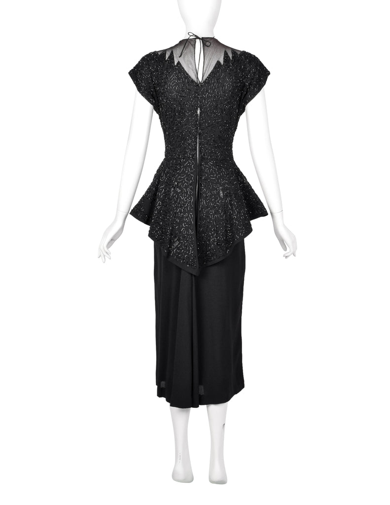 Vintage 1940s Black Beaded Rayon Peplum Dress