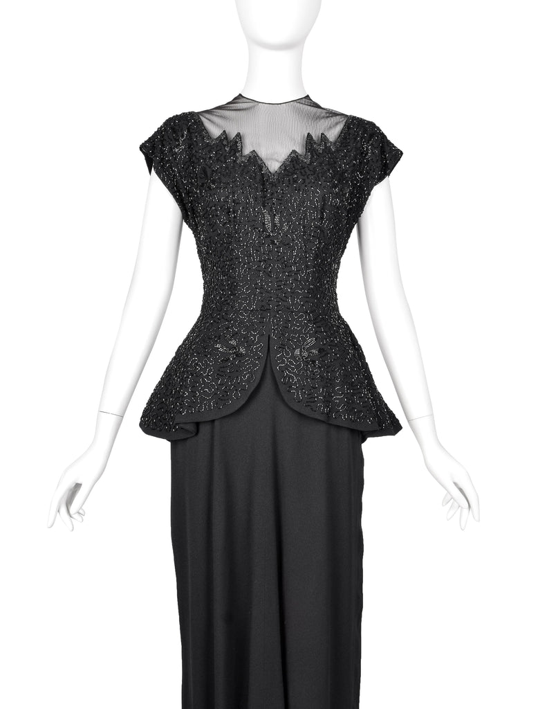 Vintage 1940s Black Beaded Rayon Peplum Dress