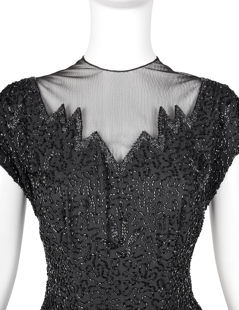 Vintage 1940s Black Beaded Rayon Peplum Dress