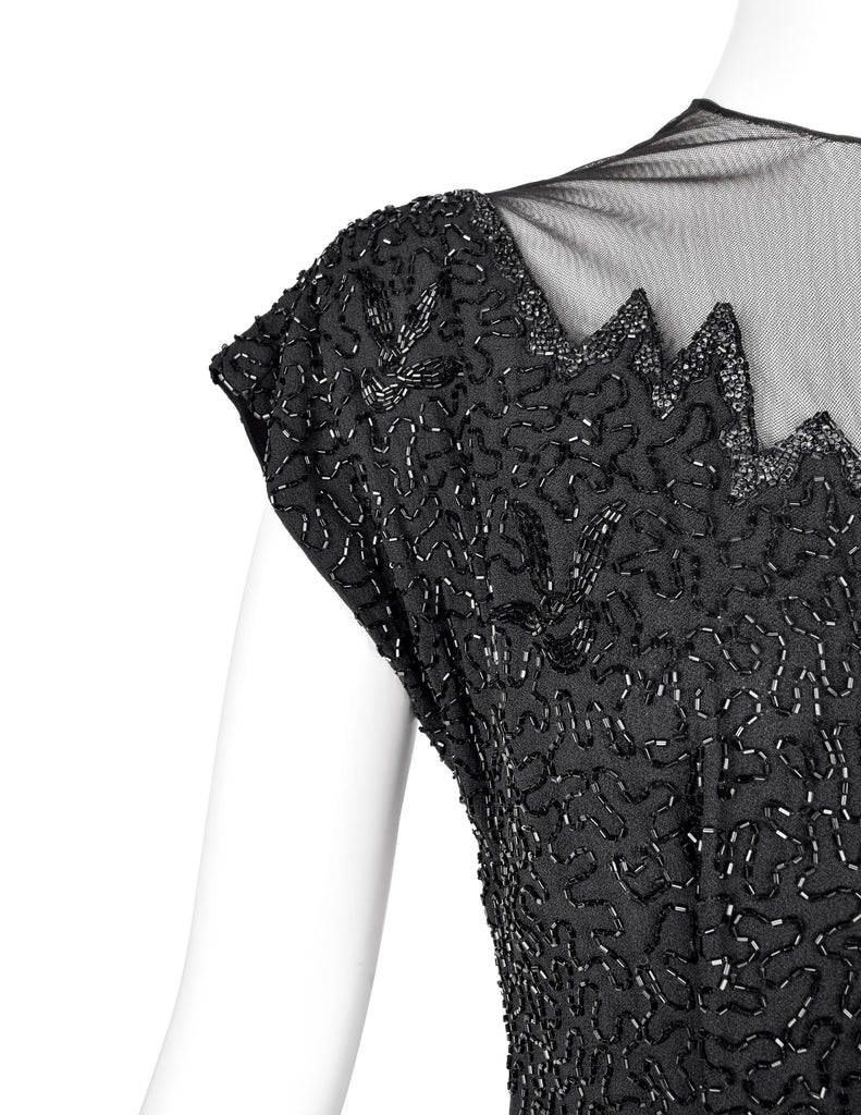 Vintage 1940s Black Beaded Rayon Peplum Dress