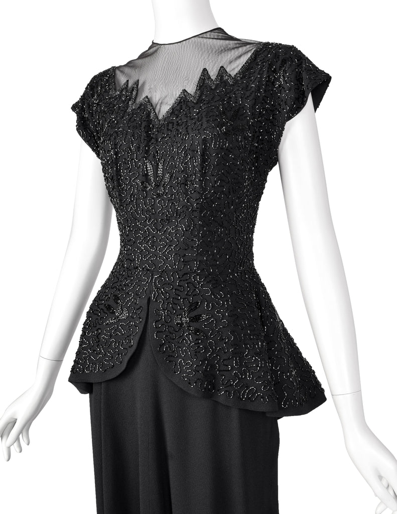 Vintage 1940s Black Beaded Rayon Peplum Dress