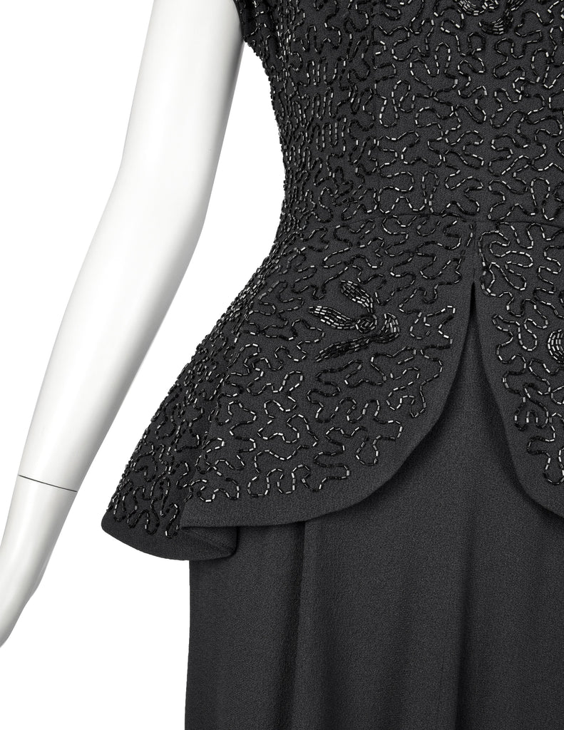 Vintage 1940s Black Beaded Rayon Peplum Dress