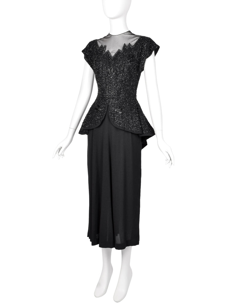 Vintage 1940s Black Beaded Rayon Peplum Dress