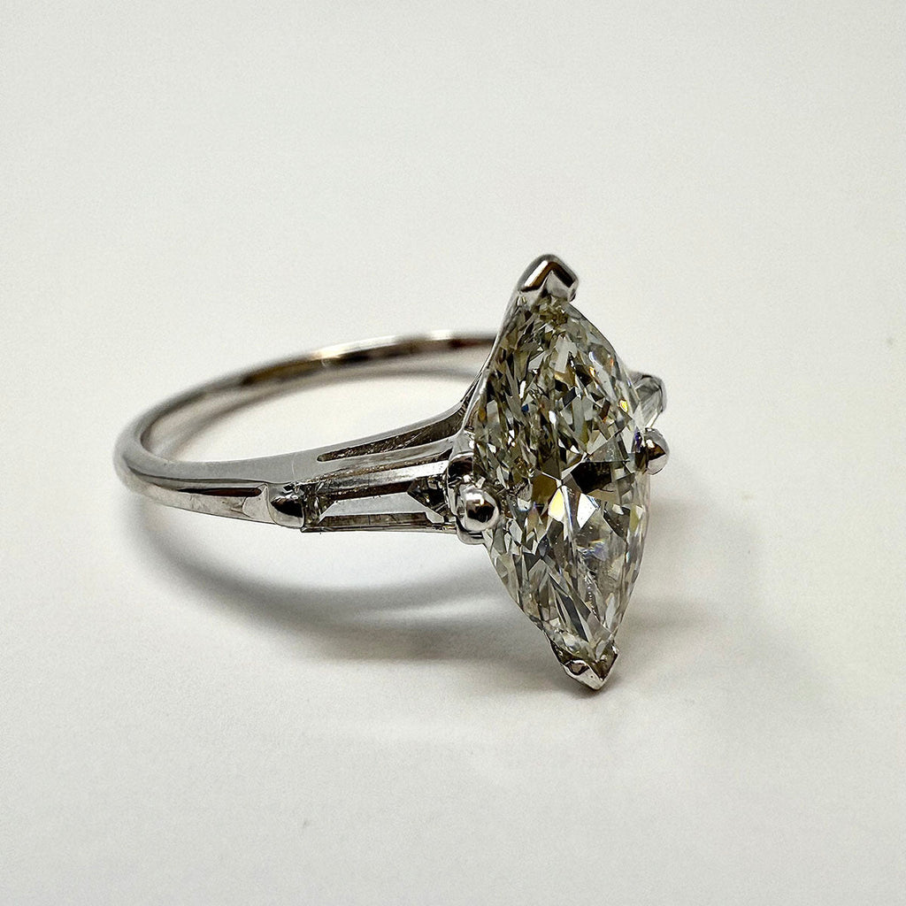 14K White Gold Ring with Marquise and 2 Baguette Diamonds