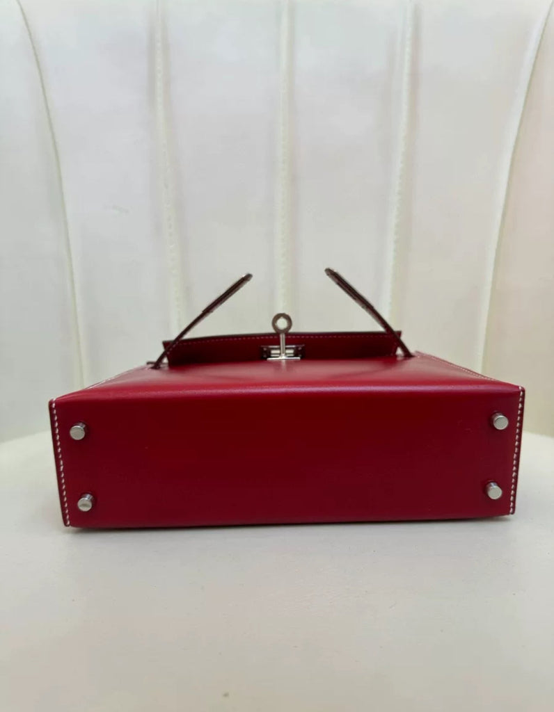 Rare Hermès Mini Kelly Ferrari red box leather with white stitching palladium hardware