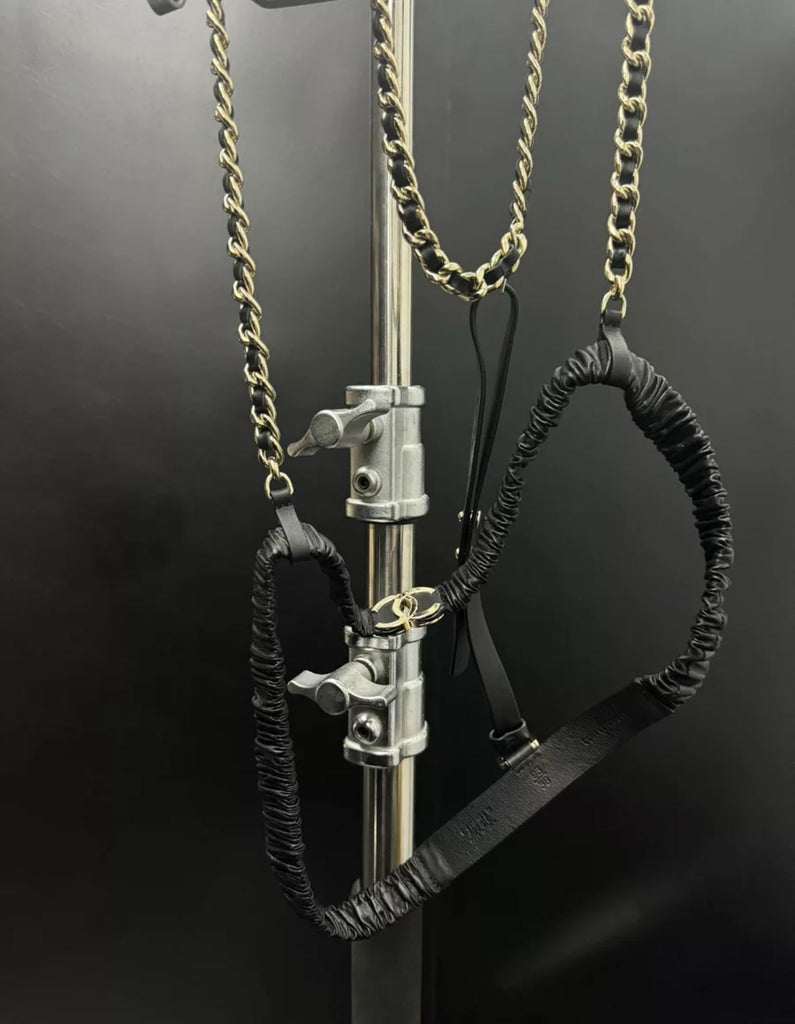 Chanel 22C Black Leather suspenders with Gold Hardware Chain
