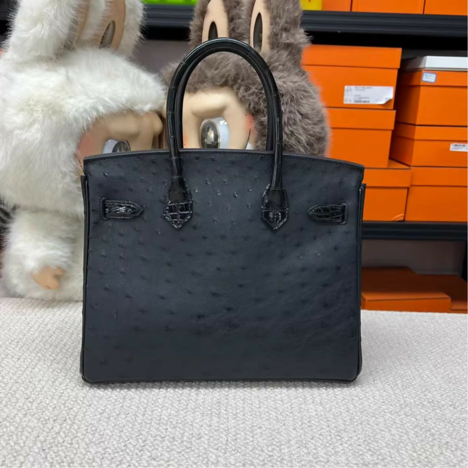 Hermès Birkin 30 Touch Black Ostrich & Shiny Crocodile leather with Gold Hardware