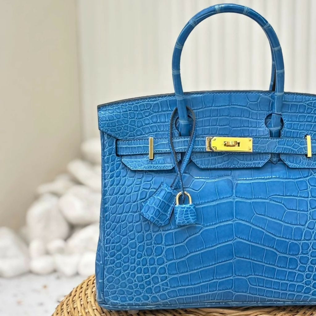 Hermes Birkin 30 Blue Matte Crocodile Leather Gold Hardware