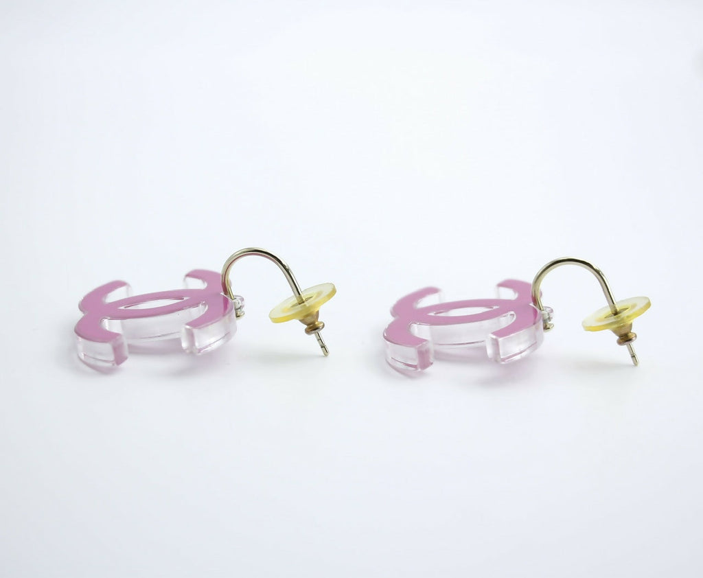 Chanel Vintage 07P Resin Pink and Clear Large CC Drop Hoop Earrings