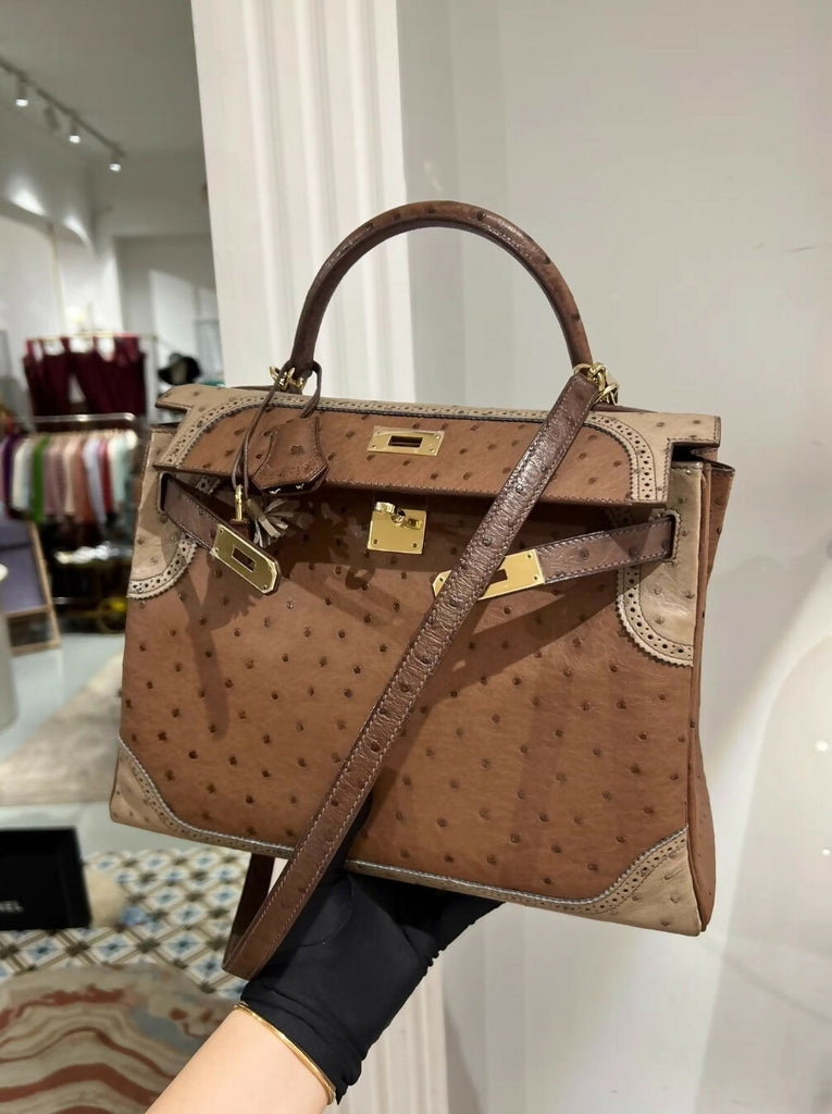 HERMES 32 ÉTRUSQUE, MOUSSE & MARRON FONCÉ OSTRICH GHILLIES RETOURNÉ WITH PERMABASS HARDWARE
