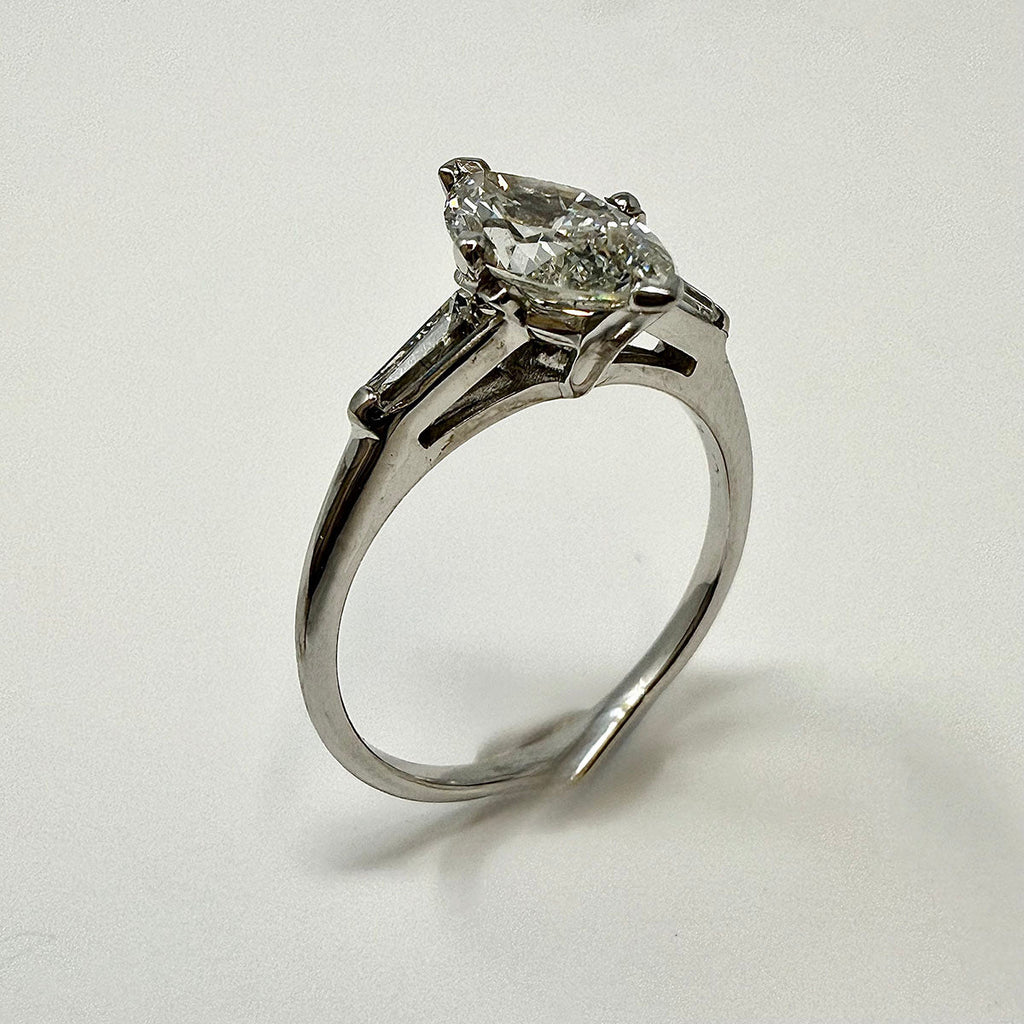 14K White Gold Ring with Marquise and 2 Baguette Diamonds