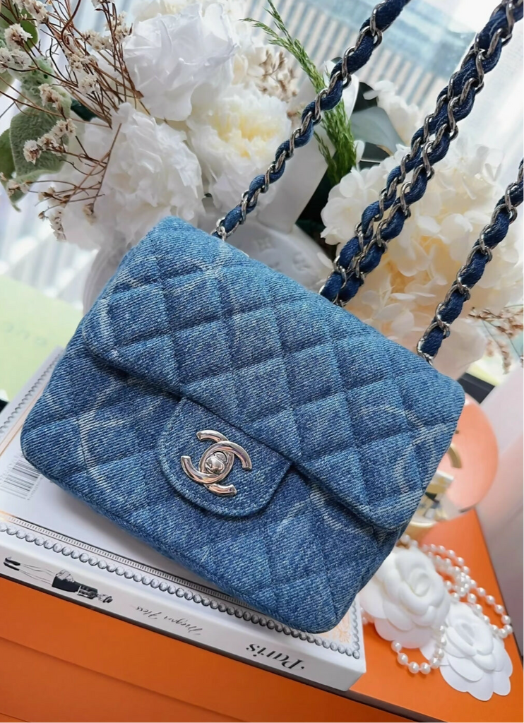 Chanel 20B Blue denim CC logo mini square flap bag