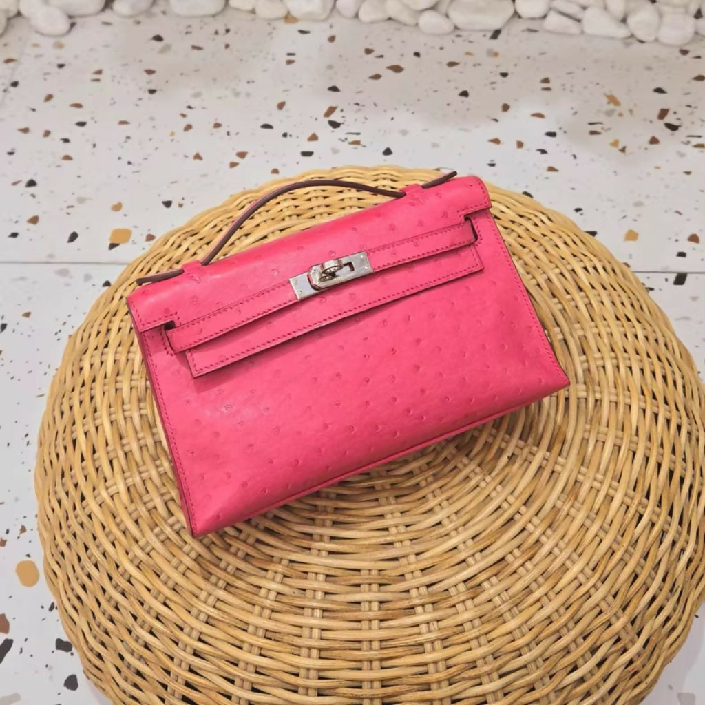 Hermes Mini Kelly Pochette Pink Ostrich Leather Palladium Hardware