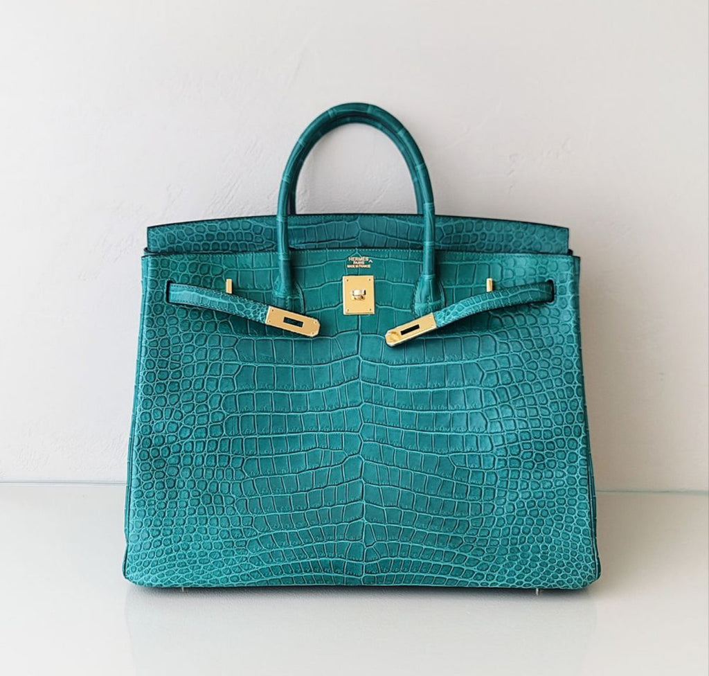 Rare Hermes Birkin 40 Matte Porosus Malachite Leather Gold Hardware