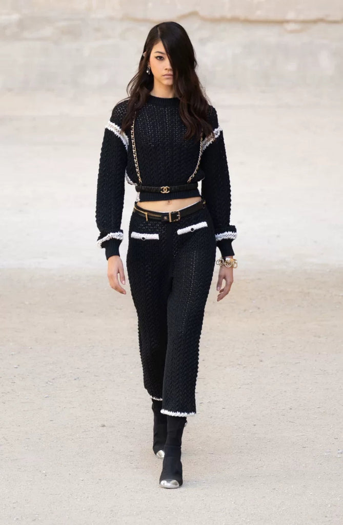 Chanel 22C Black Leather suspenders with Gold Hardware Chain