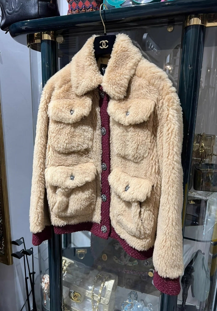 Chanel 22K silk fur jacket in beige and burgundy