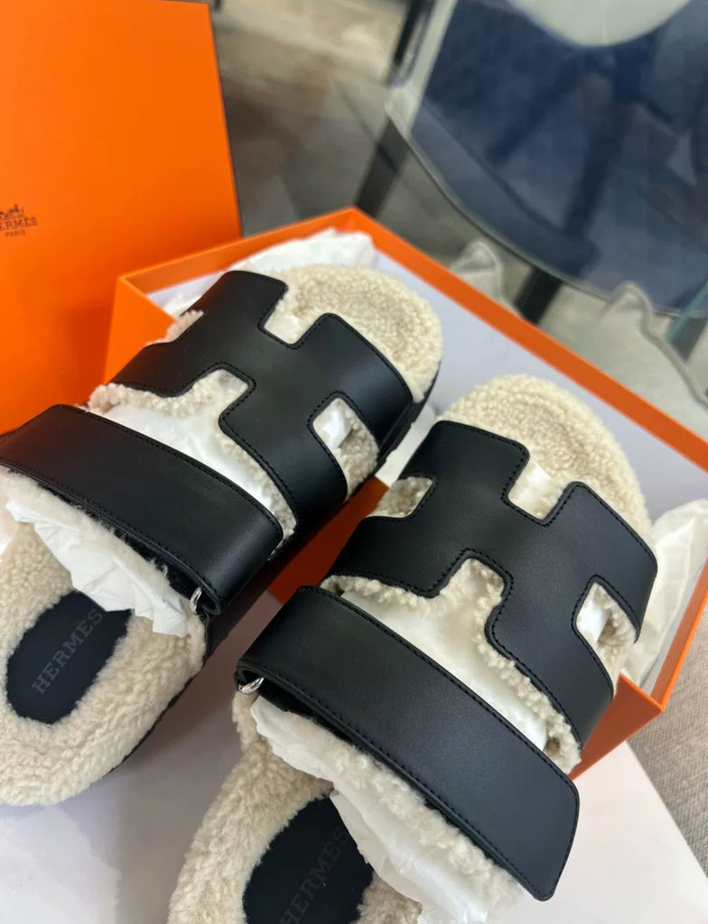 Hermès Black Leather Shearling Chypre Sandals