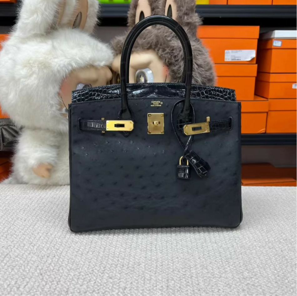 Hermès Birkin 30 Touch Black Ostrich & Shiny Crocodile leather with Gold Hardware