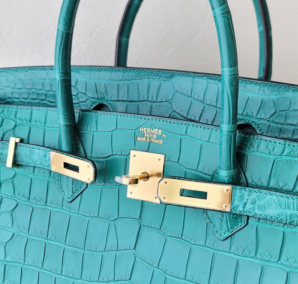 Rare Hermes Birkin 40 Matte Porosus Malachite Leather Gold Hardware