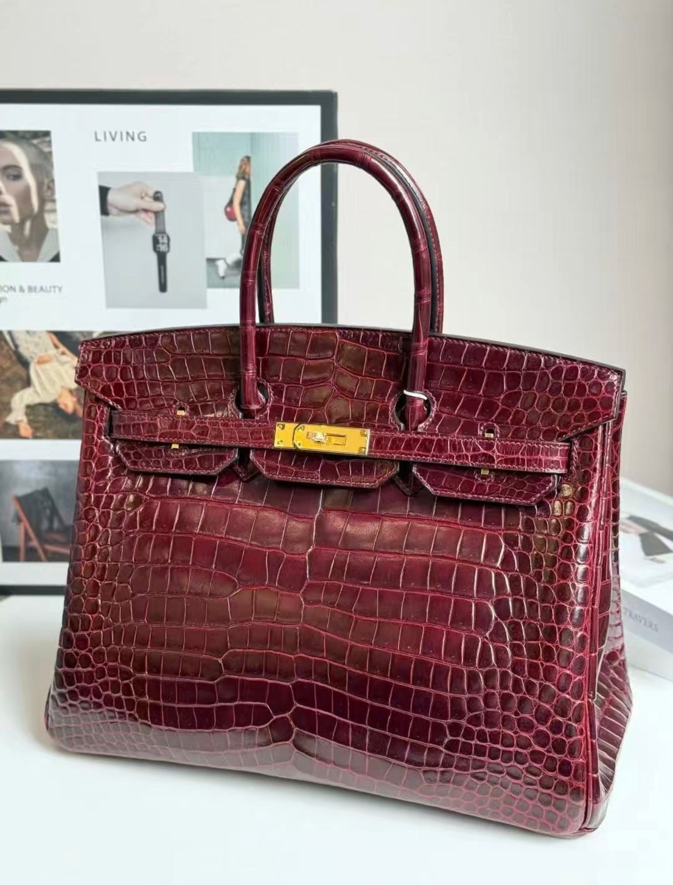 Hermes Birkin 35 Bordeaux Shiny Crocodile Leather Gold Hardware