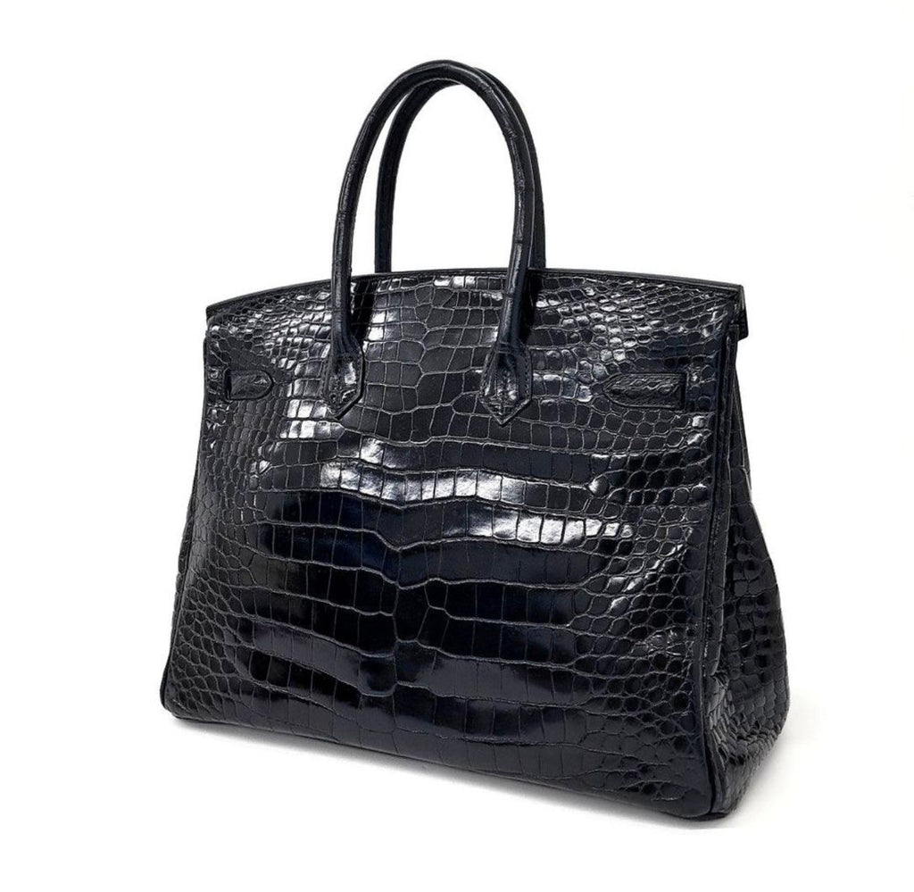 Rare Hermes Birkin 35 Black shiny crocodile leather Gold Diamond Hardware