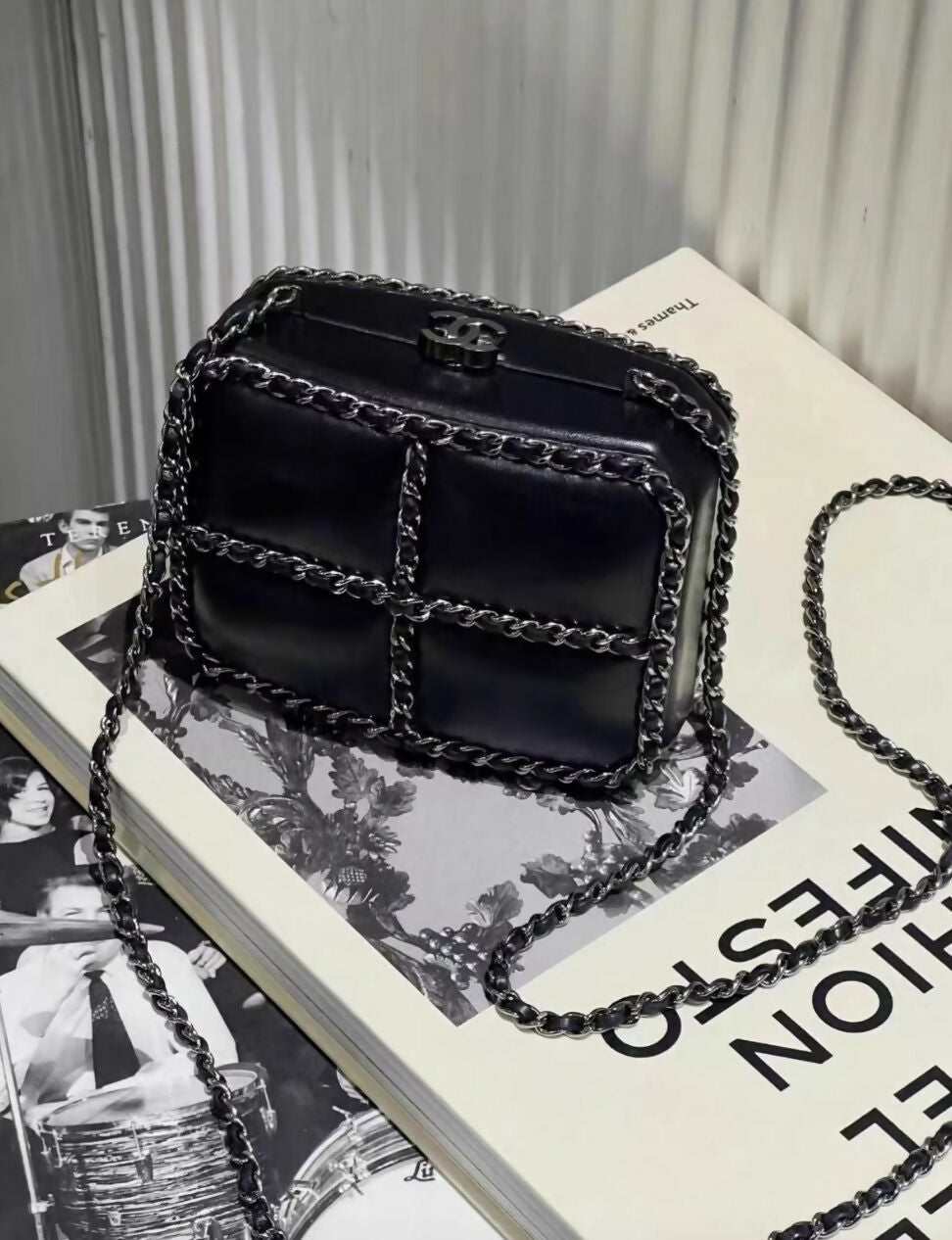 Chanel 2011 limited edition lambskin black and silver clutch minaudière