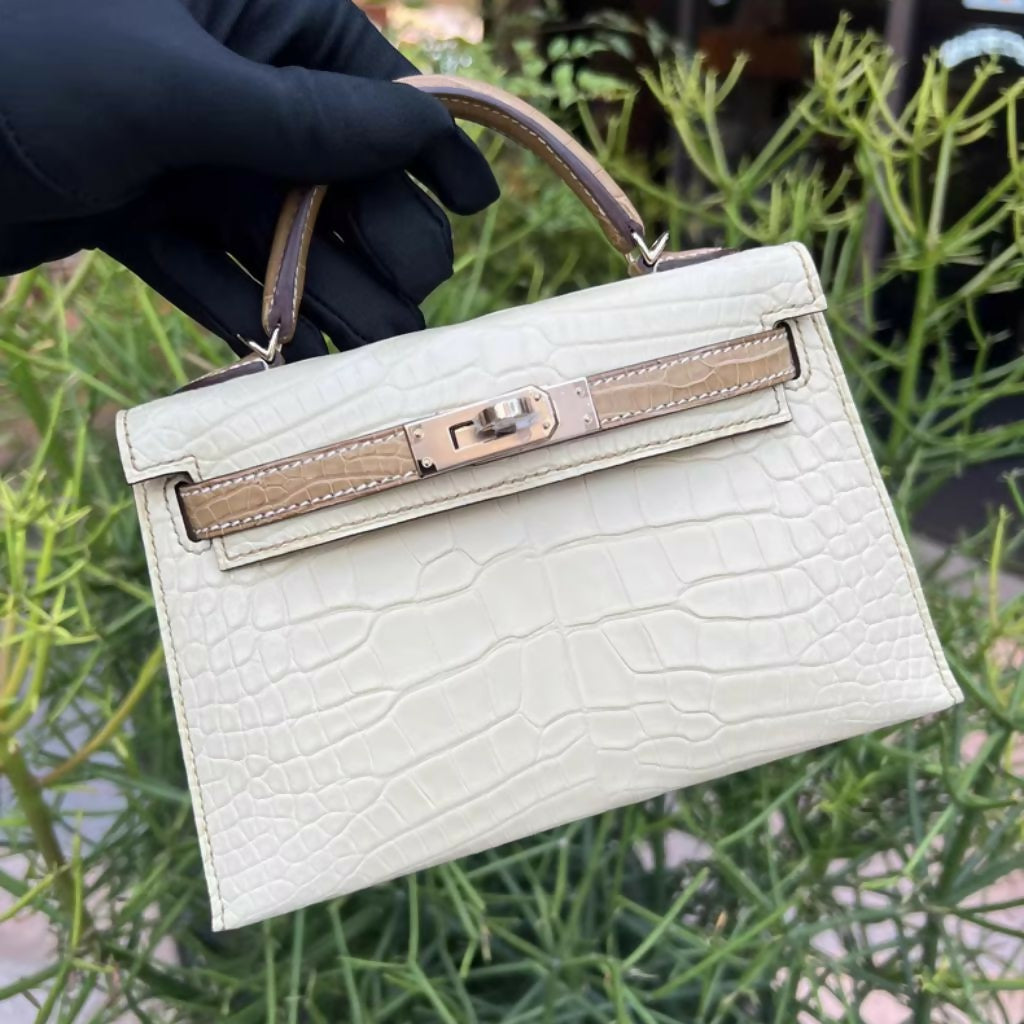 Hermès Mini Kelly Vanille and Chai Matte Crocodile with palladium Hardware