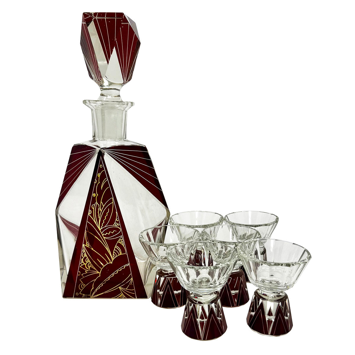 Vintage Art Deco Enameled Decanter 7-Piece Set