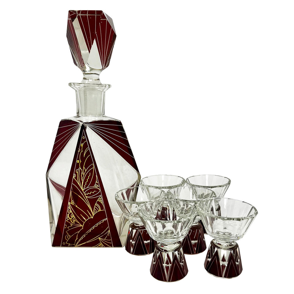 Vintage Art Deco Enameled Decanter 7-Piece Set