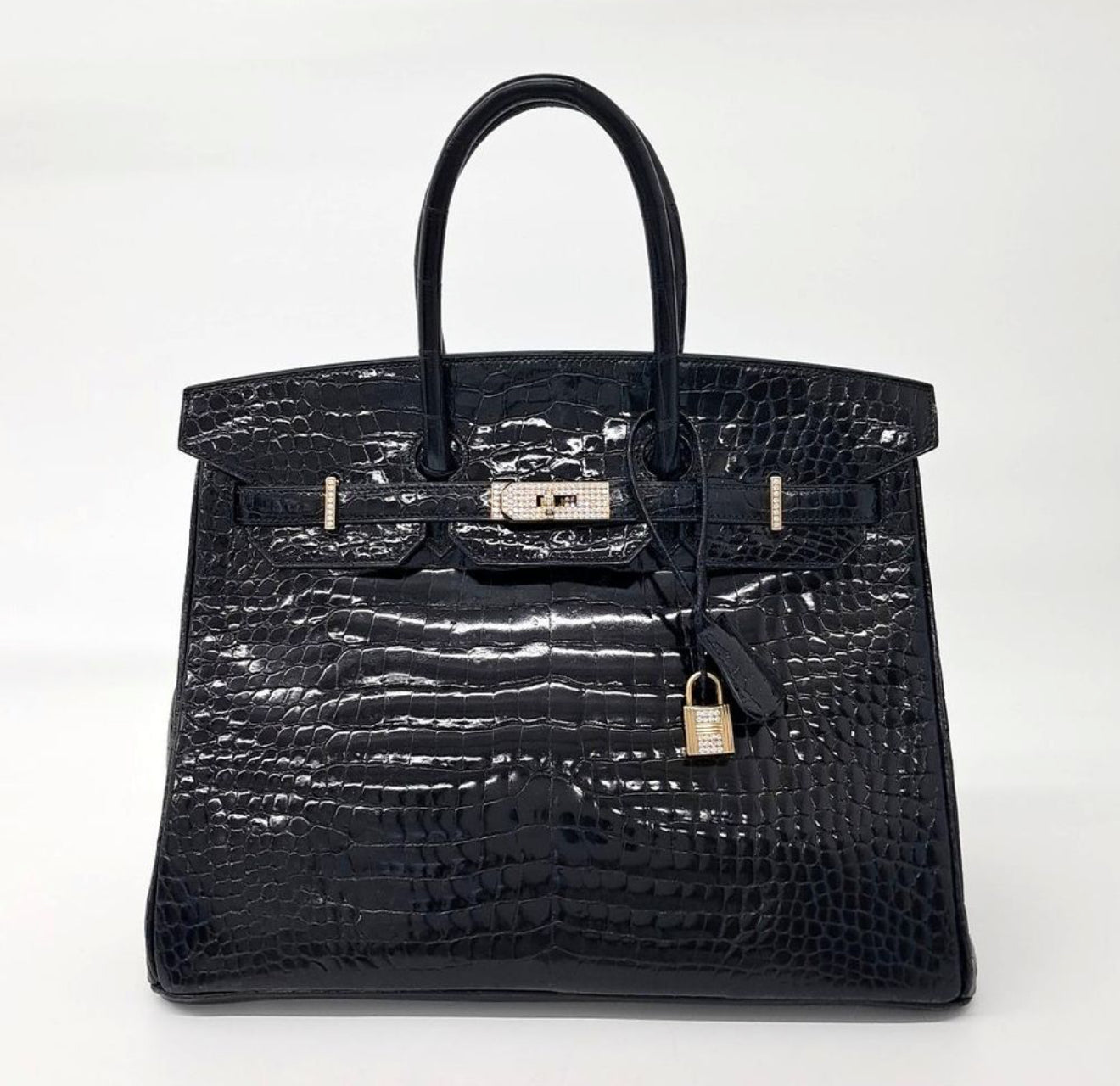 Rare Hermes Birkin 35 Black shiny crocodile leather Gold Diamond Hardware