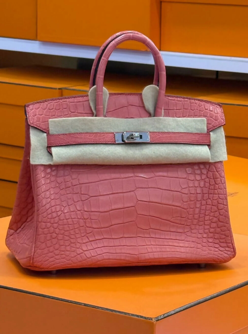 Hermes birkin25 rose azalée matte crocodile leather palladium hardware