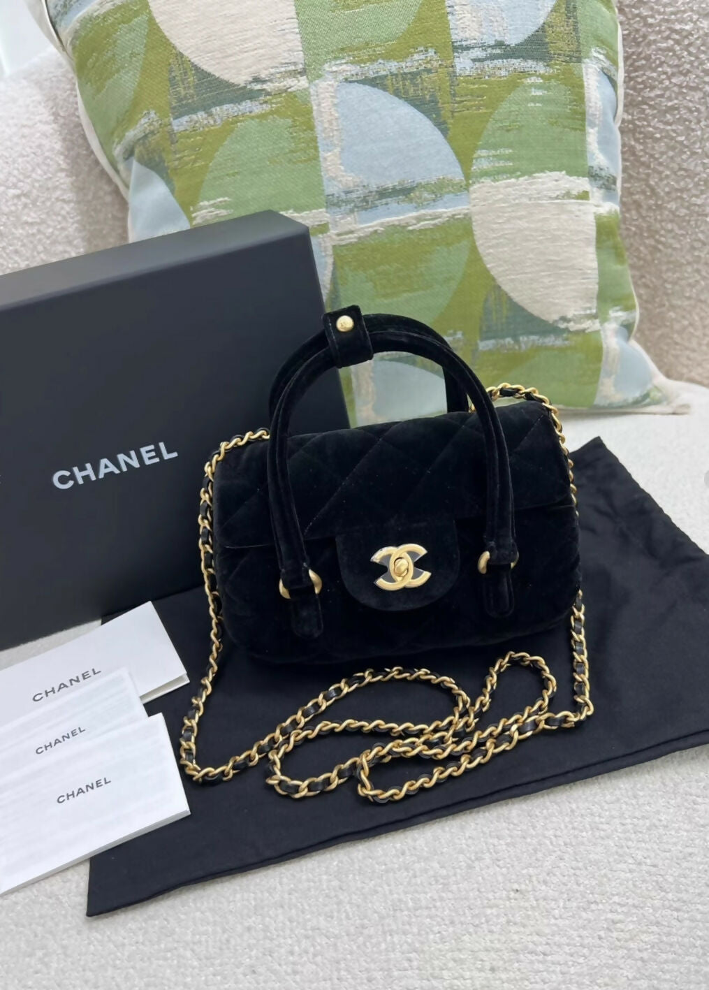 Chanel black velvet mini top handle bag