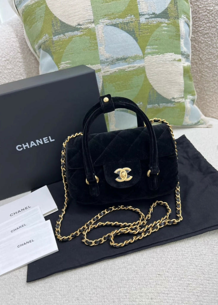Chanel black velvet mini top handle bag