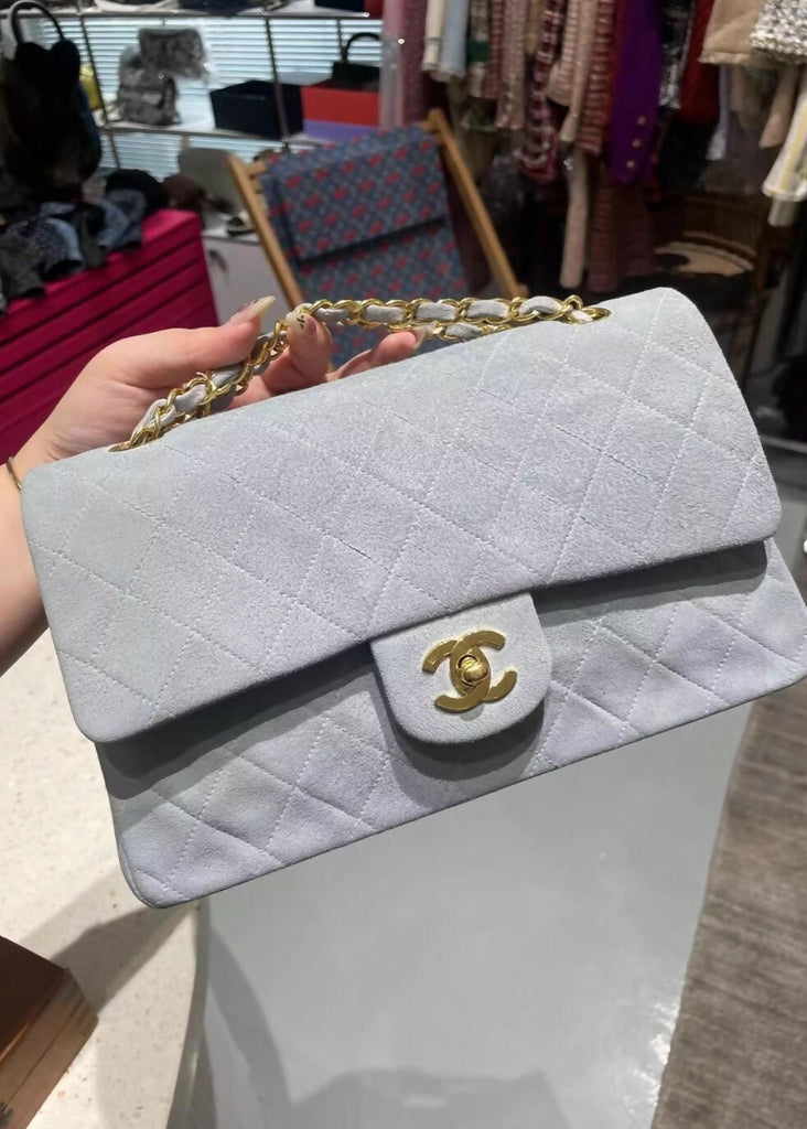 Chanel suede gray-blue medium flap gold hardware