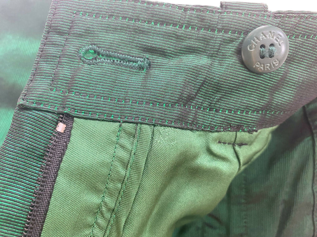 Vintage Chanel 96A Runway Iridescent Green Cargo Army Pants Trousers FR 34/36