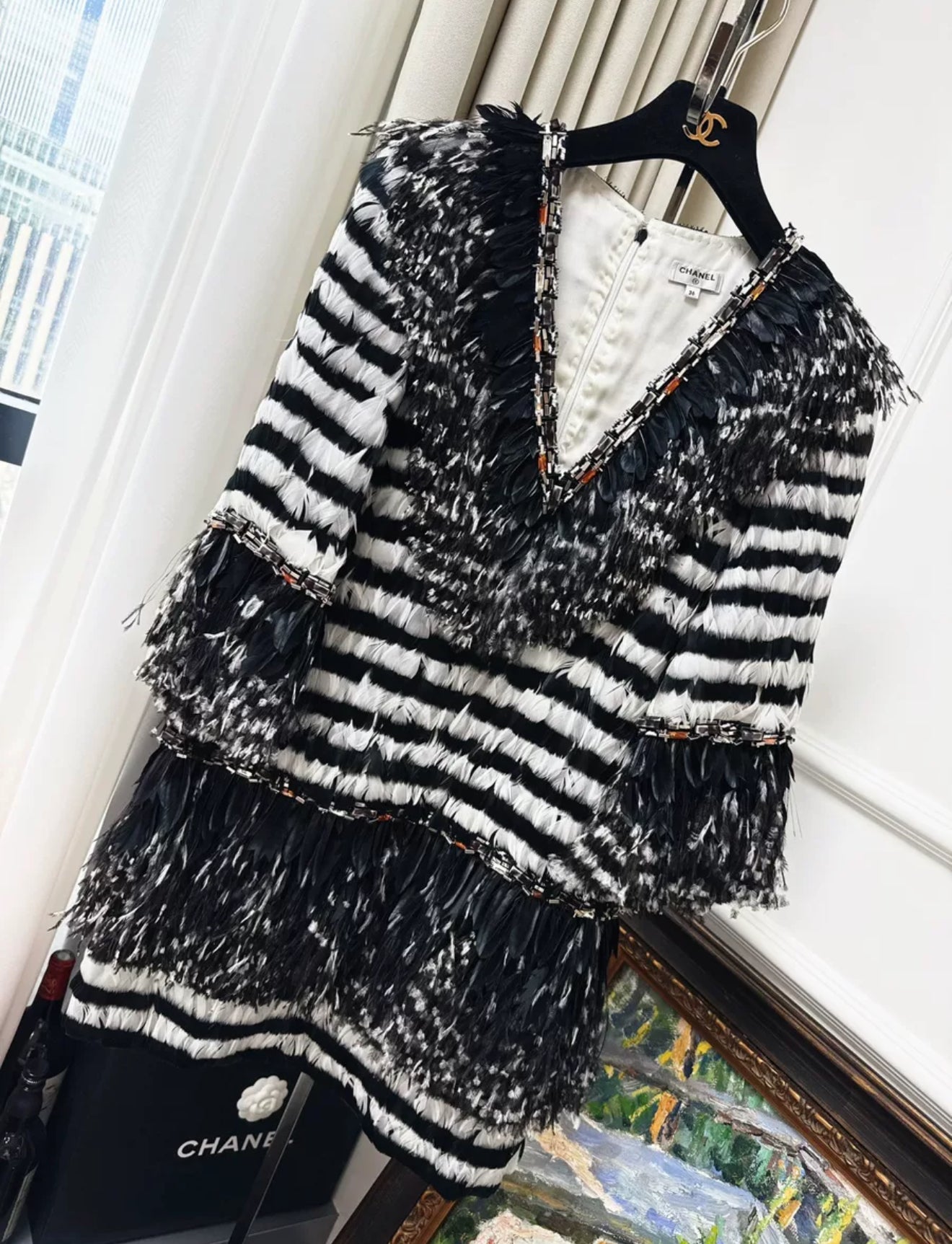 Chanel 18A black and white feather couture dress