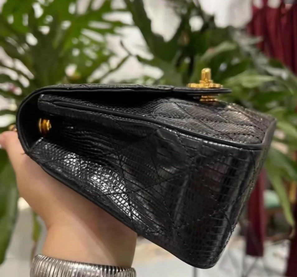 Chanel Vintage Black Lizard Leather Mini Square Flap Bag with Gold Hardware