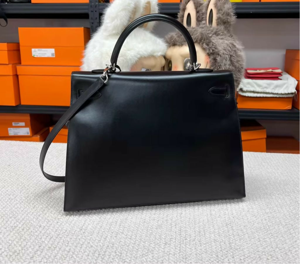 Hermès Kelly 35 Black Box Leather Palladium Guilloche Hardware