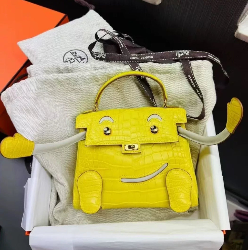 Hermès Kelly Doll Marigold Yellow Matte Alligator Pearl gray Swift leather Gold Hardware