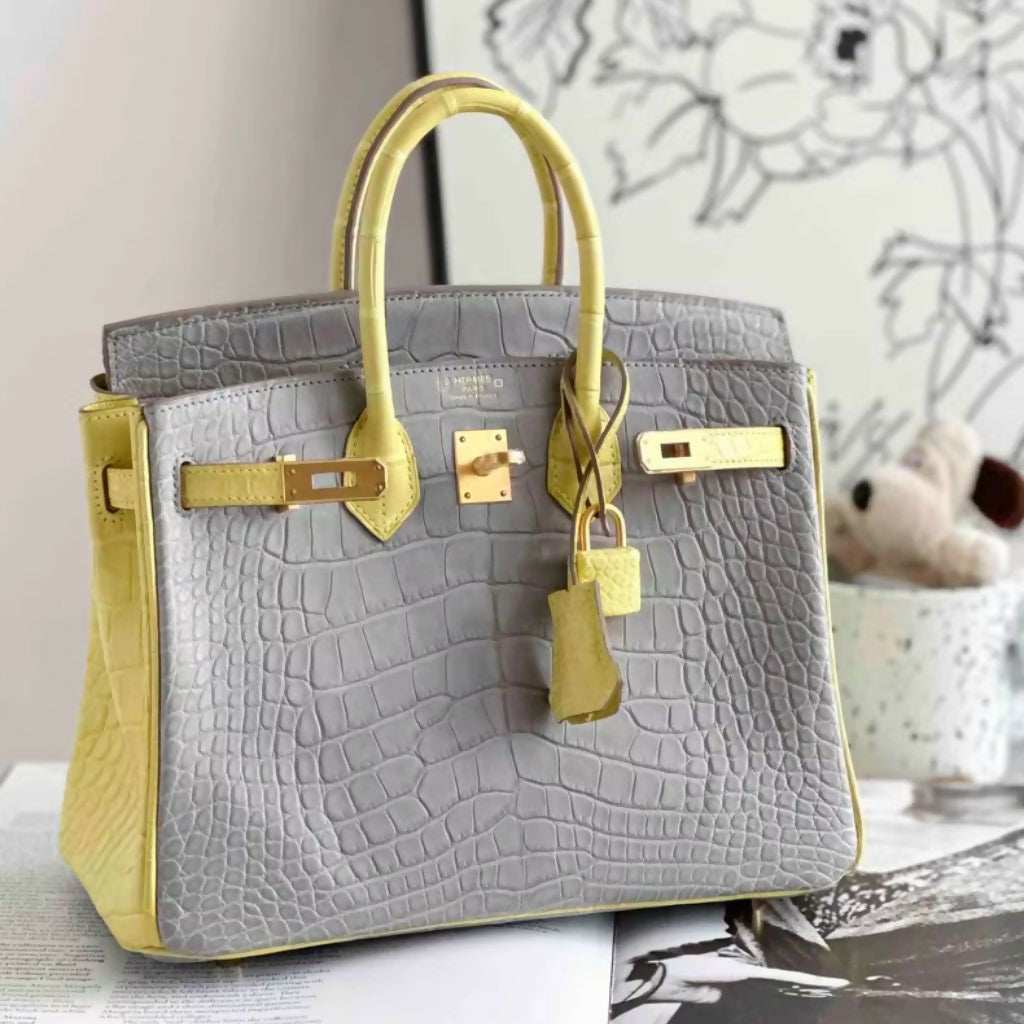 Hermes Birkin bag 25 Pearl Grey/Lime Matt alligator crocodile skin Matt gold hardware