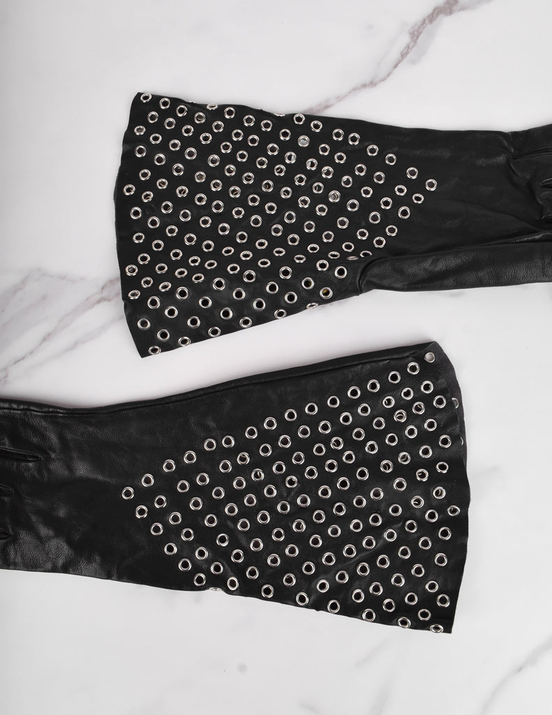 Azzedine Alaia Vintage 1980s Black Leather Eyelet Grommet Gauntlet Gloves