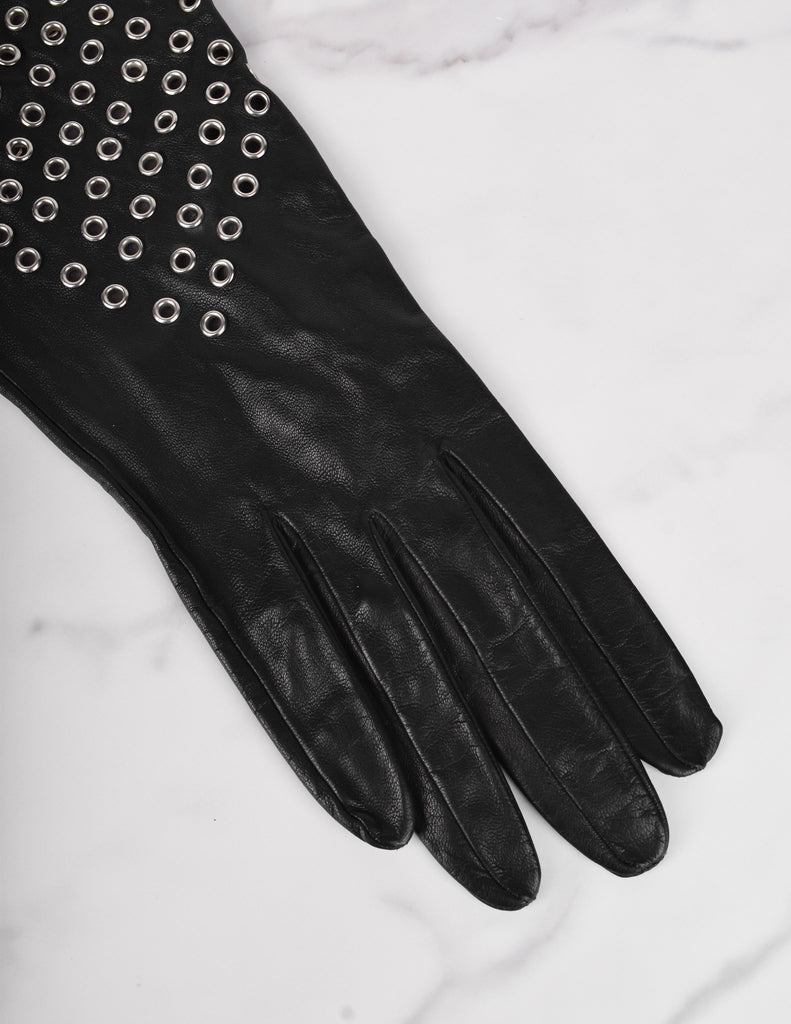 Azzedine Alaia Vintage 1980s Black Leather Eyelet Grommet Gauntlet Gloves