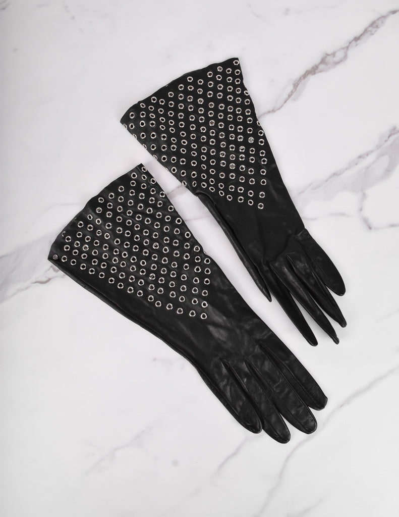 Azzedine Alaia Vintage 1980s Black Leather Eyelet Grommet Gauntlet Gloves