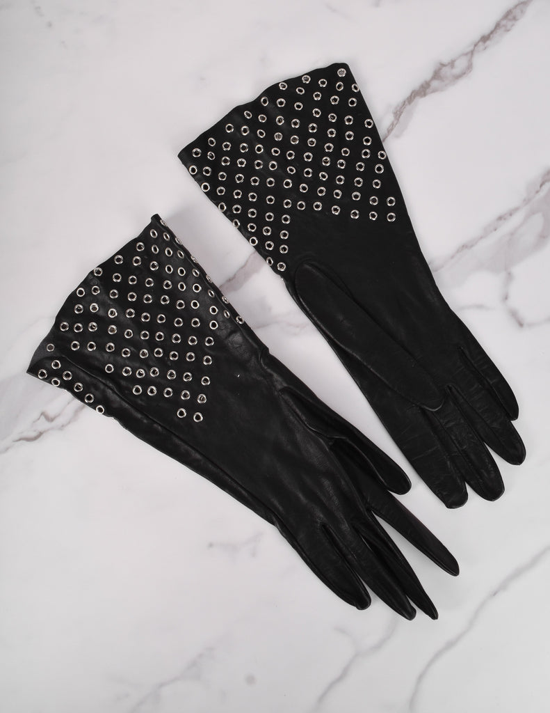 Azzedine Alaia Vintage 1980s Black Leather Eyelet Grommet Gauntlet Gloves